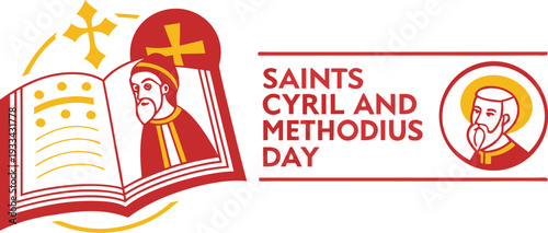 Red and yellow of Saints Cyril and Methodius Day with book and portraits red and yellow book