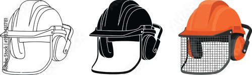 Set of industrial safety helmets with face shield and ear defenders featuring outline silhouette and full-color vector illustrations isolated on white background