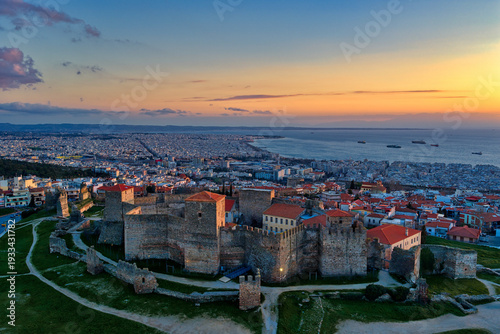 Aerial View of the Heptapyrgion Fortress Over Thessaloniki at Sunset