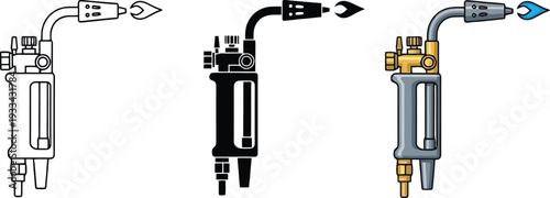 Set of industrial blowtorch icons featuring outline solid and colored versions with a blue flame ideal for engineering and repair concepts