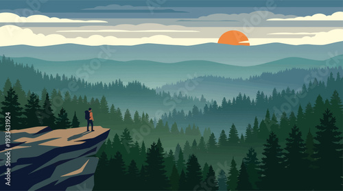 A lone figure stands on a cliff edge observing the vast forest landscape.