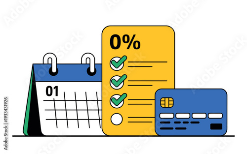 An illustration of a calendar, a 0% interest promotional card, and a credit card, symbolizing financial planning and smart payment options.