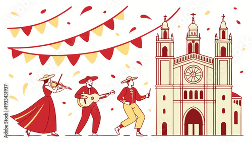 Spanish pentecost celebration with church and musicians