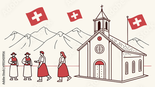 Swiss church with people in traditional dress Swiss flag mountains