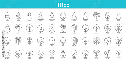 Tree Line Icon Set Featuring Pine, Palm, Willow and Decorative Garden Trees Minimal Outline Nature Illustration Collection