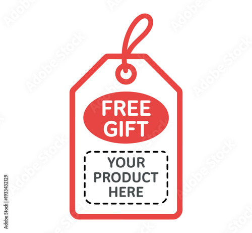 A red free gift tag with a white background and space for a product