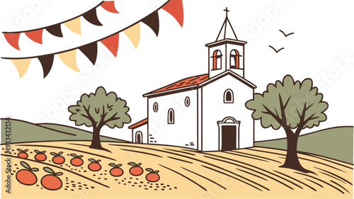 White church with red roof and steeple in orange fruit field with trees and pennant banners