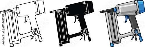 Collection of nail gun vector illustrations including detailed outline solid black silhouette and colored versions ideal for construction carpentry and DIY graphics