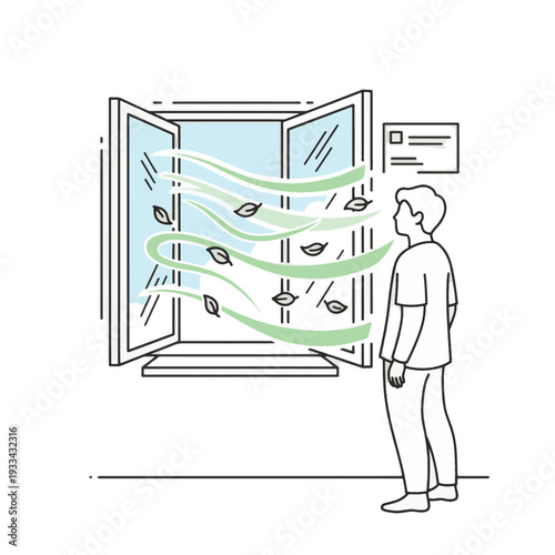 Man standing by open window with leaves blowing in, vector illustration