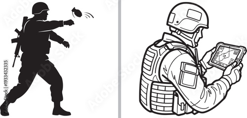 A black silhouette of a stealth bomber next to a detailed line drawing of a military helicopter, representing modern aviation technology in a minimalist contrast style.