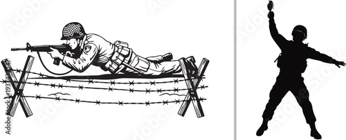 This collection of high-contrast vector illustrations depicts various military themes, including advanced missile systems, tactical equipment, combat gear, and infantry soldiers in action.