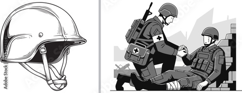 A vector illustration showing a modern combat helmet on the left and a scene of a field medic providing aid to an injured soldier amidst ruins on the right, highlighting military medical support.