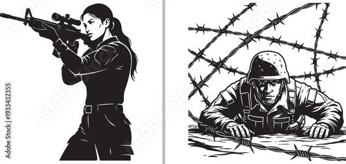 A black silhouette of a stealth bomber next to a detailed line drawing of a military helicopter, representing modern aviation technology in a minimalist contrast style.