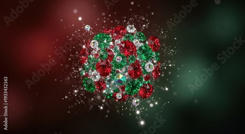 Sparkling Red Green Gemstones Cluster with Glittering Diamonds and Bokeh Background