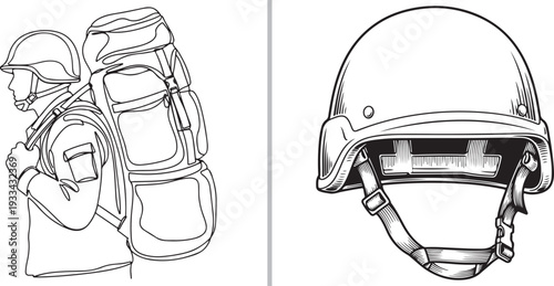 This set of vector illustrations features a variety of military themes, including missile systems, tactical gear, weaponry, and soldiers in detailed line art and high-contrast silhouette styles.