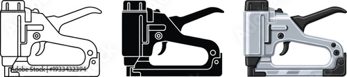 Versatile set of staple gun vector illustrations featuring outline silhouette and detailed versions for construction DIY and graphic design projects