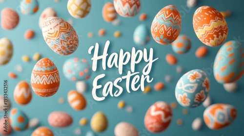 Colorful Easter eggs floating against a vibrant blue background with festive greeting.