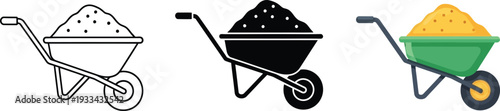 Set of wheelbarrow icons filled with sand featuring outline glyph and flat design styles perfect for construction and gardening projects