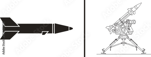 This vector illustration features a side-profile silhouette of a missile on the left and a detailed line-art schematic of a portable missile launcher system on the right.