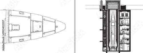 A vector diagram showing the nose cone of a missile on the left and a cross-section of an underground missile silo with a ready-to-launch ballistic missile on the right.
