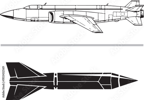 A minimalist vector illustration featuring a side-profile view of a jet fighter aircraft positioned above a silhouette of a generic tactical missile.