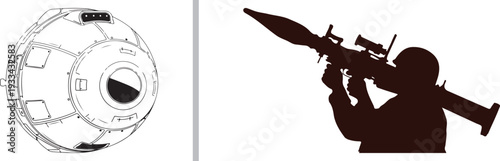A minimalist vector illustration featuring a spherical object on the left and a silhouette of a soldier aiming a rocket-propelled grenade (RPG) launcher on the right, representing tactical weaponry.
