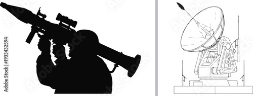 This extensive collection of vector illustrations depicts a wide range of military hardware, including aircraft, transport vehicles, tactical missiles, radar systems, and various munitions.