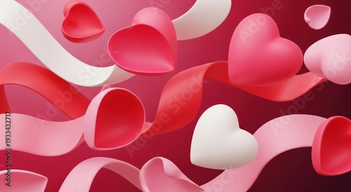 Valentine's day background with pink hearts and ribbons