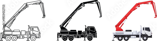 Set of concrete pump trucks in various styles including line art silhouette and colored vector illustration ideal for construction and heavy equipment designs