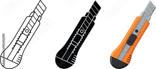 Versatile set of utility knife vector illustrations presented in outline silhouette and colored styles for design projects involving cutting tools or crafts