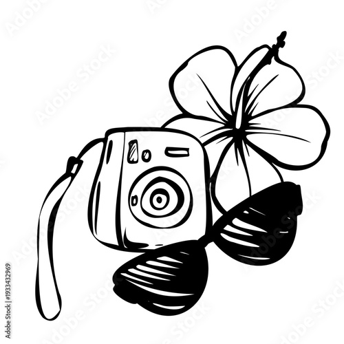 Black and white line art illustration of camera, hibiscus flower and sunglasses. Minimal outline drawing in flat vector style, isolated composition for summer travel design, print, poster