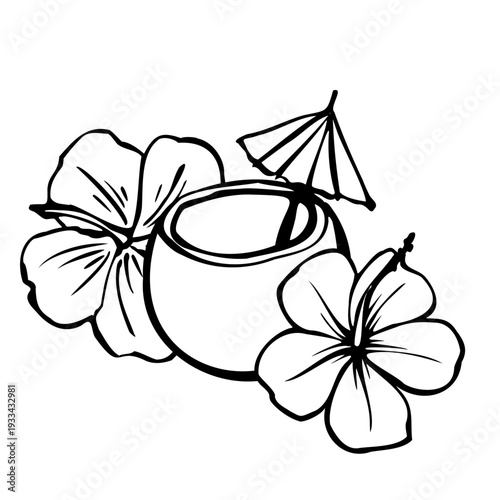 Tropical coconut drink vector illustration with hibiscus flowers and small umbrella in bold black line art. Ideal for beach bar menus, summer branding, resort ads and tropical party design use