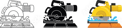 Professional tile cutter or wet saw icon set presented in outline solid and flat color vector styles for construction and home renovation applications