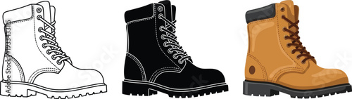 Collection of durable work boots featuring outline silhouette and colored vector illustrations perfect for industrial safety outdoor activities and fashion design
