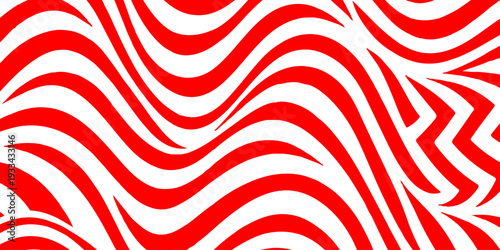 Seamless geometric vector illustration featuring a retro design of red, white, and yellow striped patterns with spiral swirls and wavy line textures for a decorative wallpaper backdrop