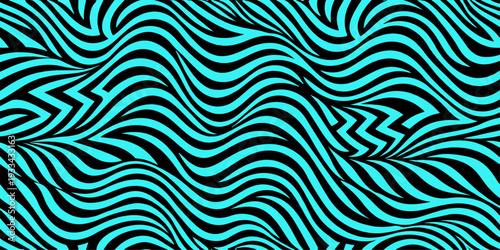 Seamless geometric vector pattern featuring abstract blue waves and black zebra lines for a stylish textile wallpaper tile