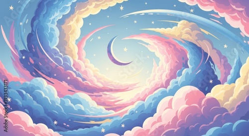 whimsical swirling clouds with crescent moon