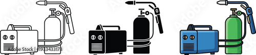 Welding machine icon set with gas cylinder and torch presented in outline solid and color styles ideal for industrial construction and repair applications