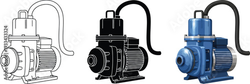 Set of electric water pump illustrations featuring outline silhouette and realistic blue designs with a hose ideal for industrial agricultural and domestic fluid transfer applications