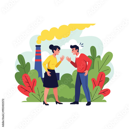 Heated argument between an angry man and woman in a natural setting with a polluting factory chimney.