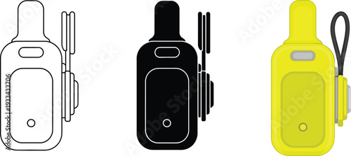 Set of car alarm remote control icons featuring outline solid and yellow flat vector designs for automotive security apps and websites