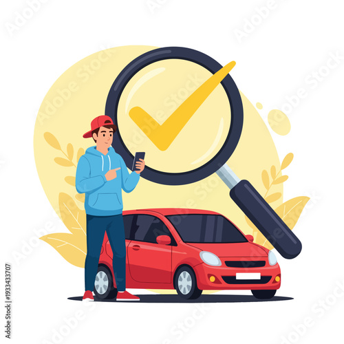 Young man verifying car information via smartphone app, concept with magnifying glass.
