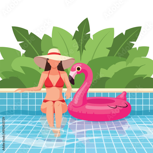 Woman in swimsuit relaxing poolside with inflatable, enjoying tropical summer vacation illustration