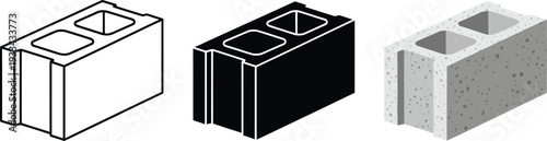 Three distinct concrete block vector illustrations featuring outline solid black and textured grey isometric styles ideal for construction and architectural design projects