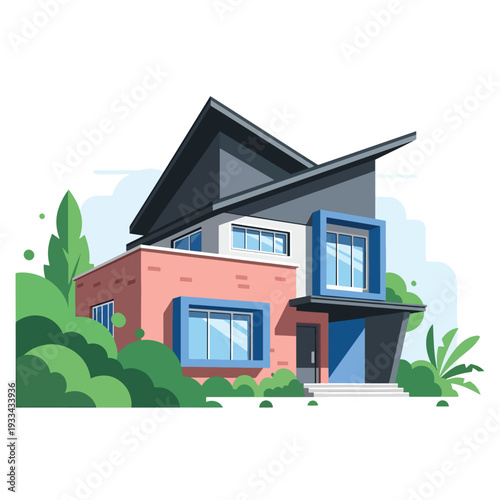 Modern Residential Building Illustration on a Sunny Day with Landscaped Garden