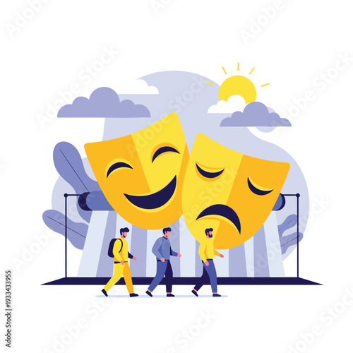 Men walk past large comedy and tragedy masks, symbolizing performance and human emotions.