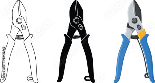 Versatile set of cutting pliers or snips depicted in outline silhouette and full-color styles ideal for gardening crafts or electrical tasks