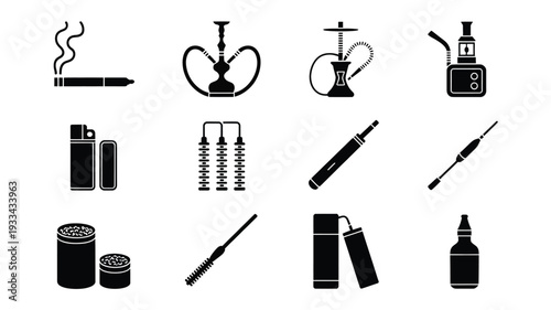 A clean vector illustration featuring various smoking and vaping products icons in flat design style on a white background, ideal for commercial use in health, wellness, or warning campaigns.