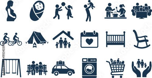 Essential silhouette icons representing various aspects of family life, parenting, and domestic activities.