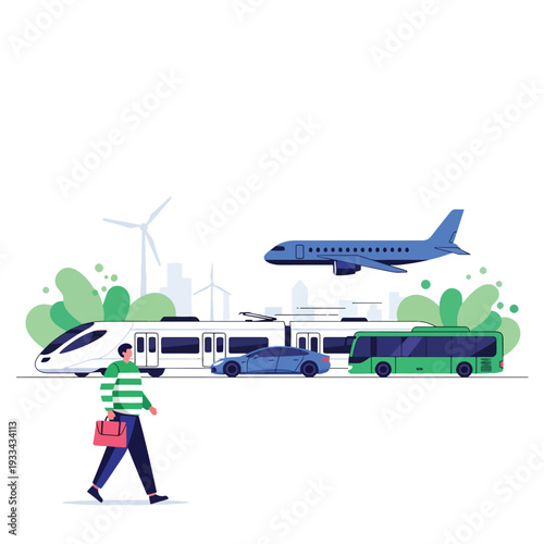 Urban Commuting: Man Walking Past Modern Sustainable Transport in Cityscape Illustration